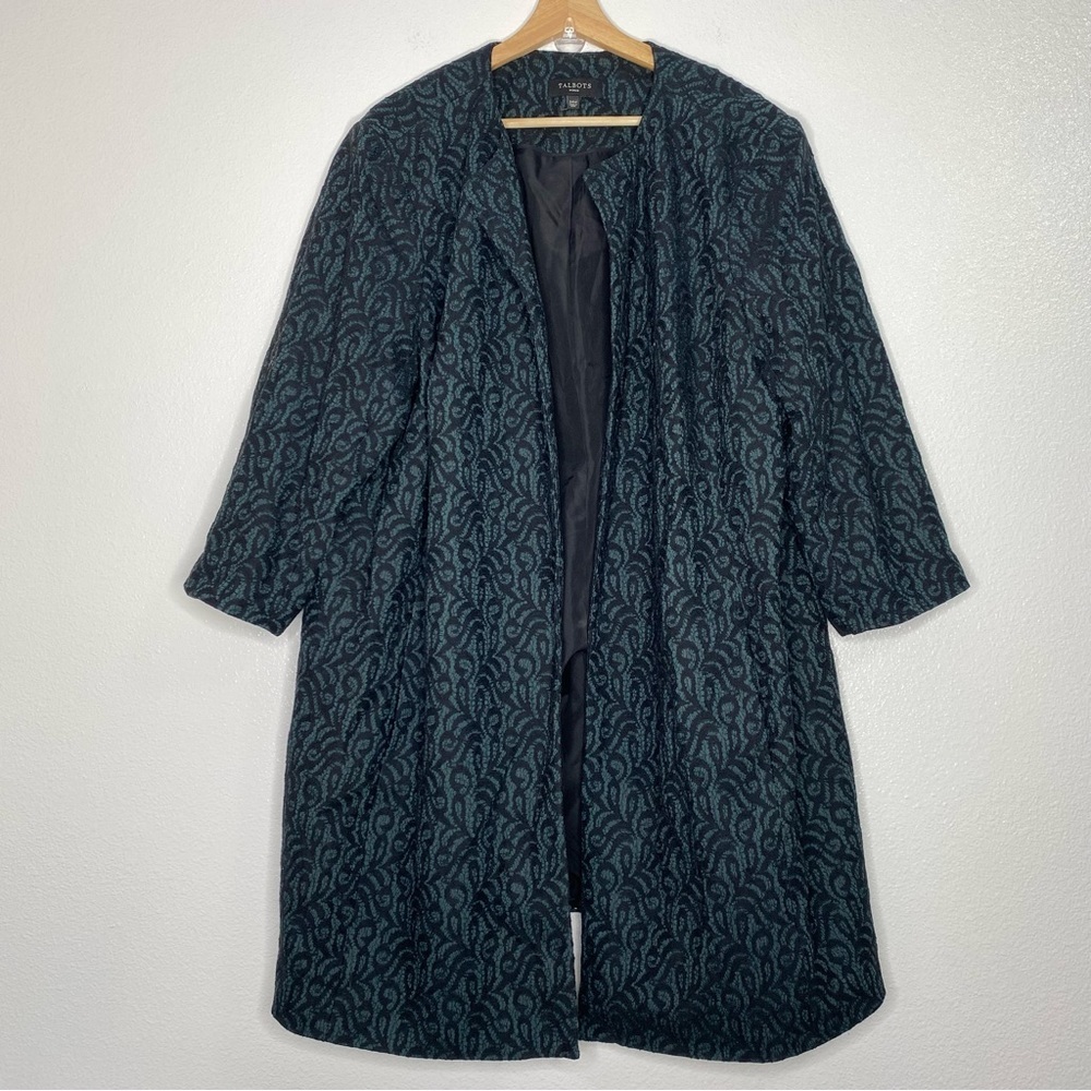 NWOT Talbots Emerald Green Black Lace Paisley Open Front Coat Womens 24w